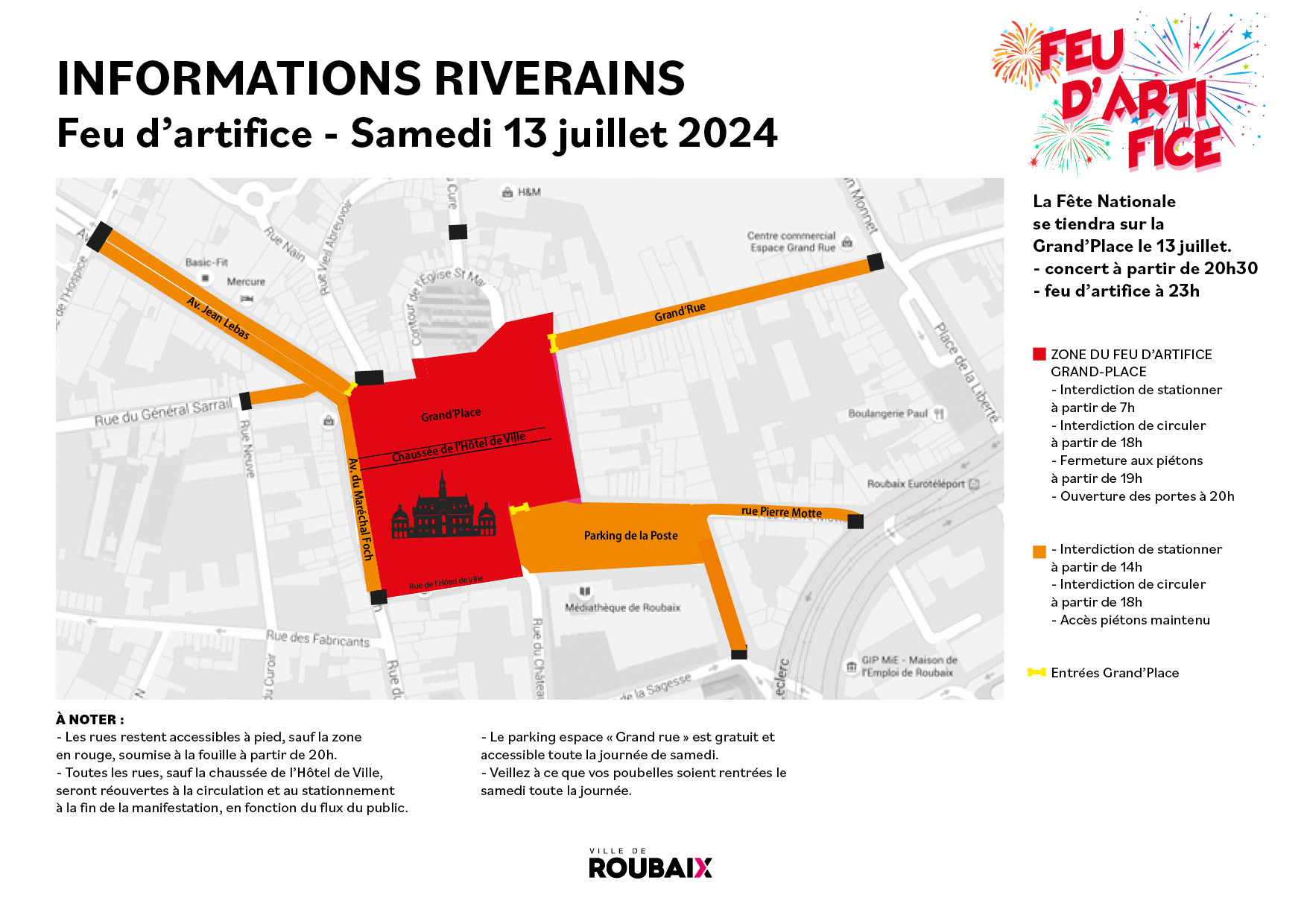 Restriction circultation et stationnement pour le feu d'artifice et le concert du 13 juillet 2024 sur la Grand Palce de Roubaix